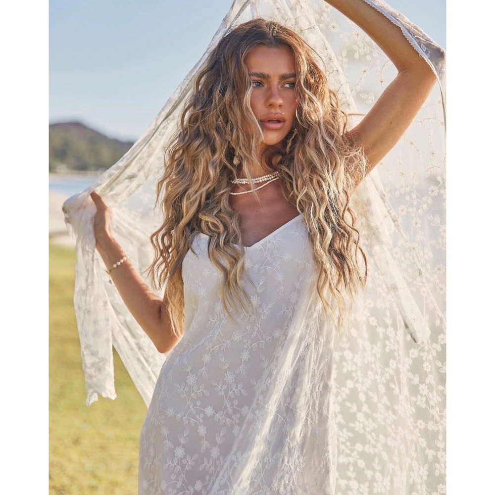 Coven & Co White Floral Lace Slip Dress XS Boho Bridal Mesh Strappy Overlay Midi